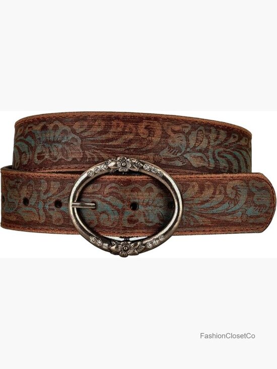 Distressed Embossed Leather Belt with Rhinestone Ring Buckle Western Style main image 4